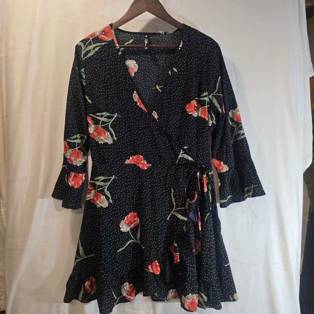 Influence Black Floral Polka Dot Wrap Midi‎ Dress Bell Sleeve Size 10
